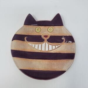 Signed Handmade Cheshire Cat Pottery Plate Trinket Dish Decor 1987 Signed "Tom"